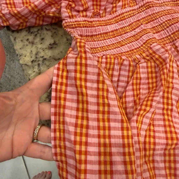 Anthropologie 100% Cotton Pink and Coral Gingham Smocked Romper - Picture 7 of 14